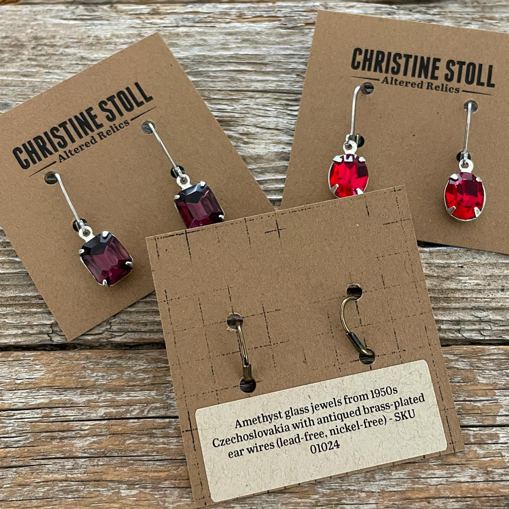 Dark Rose Pink Vintage Rhinestone Earrings