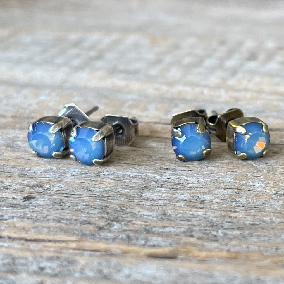 Opal Starshine Blue Vintage Rhinestone Post Earrings (Small)