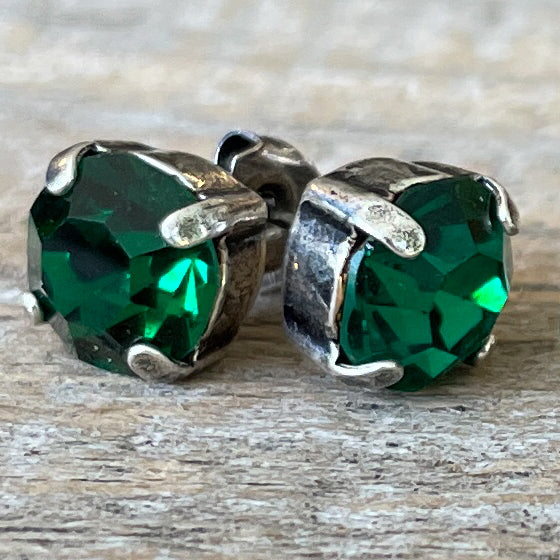 Vintage Art Deco Style Clip/Stud Earrings – Black & Green Rhinestone Crystal – Antique Brass Plated – Ex Store