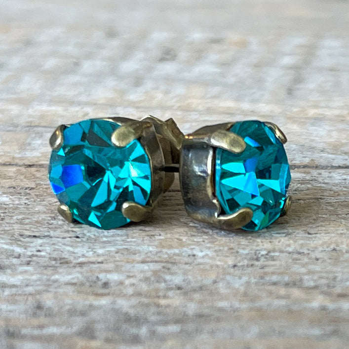 Blue Zircon Vintage Rhinestone Post Earrings (Large)