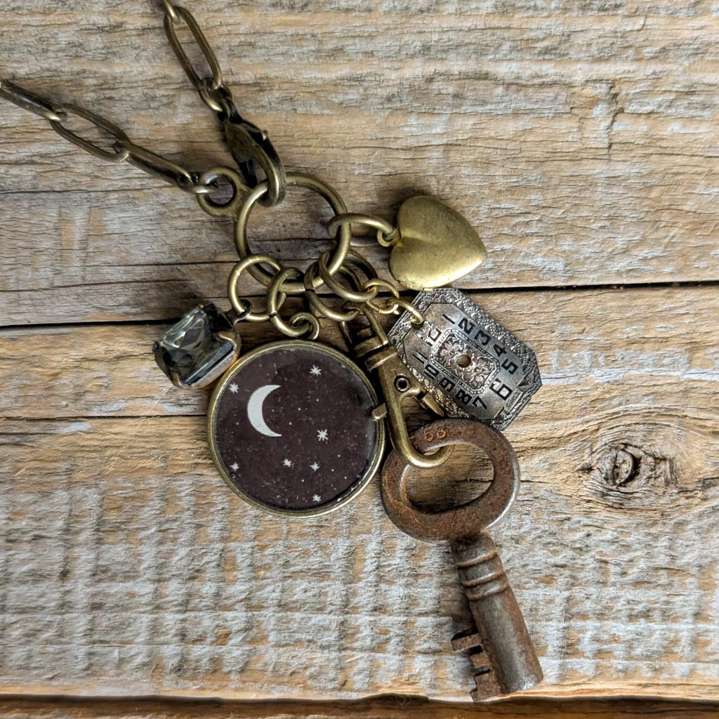 Night Sparkles Necklace - Vintage Moon and Stars Image + Charms