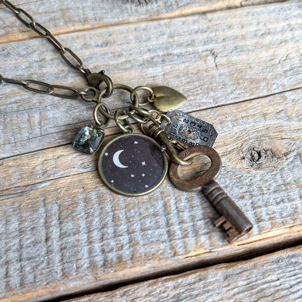 Night Sparkles Necklace - Vintage Moon and Stars Image + Charms
