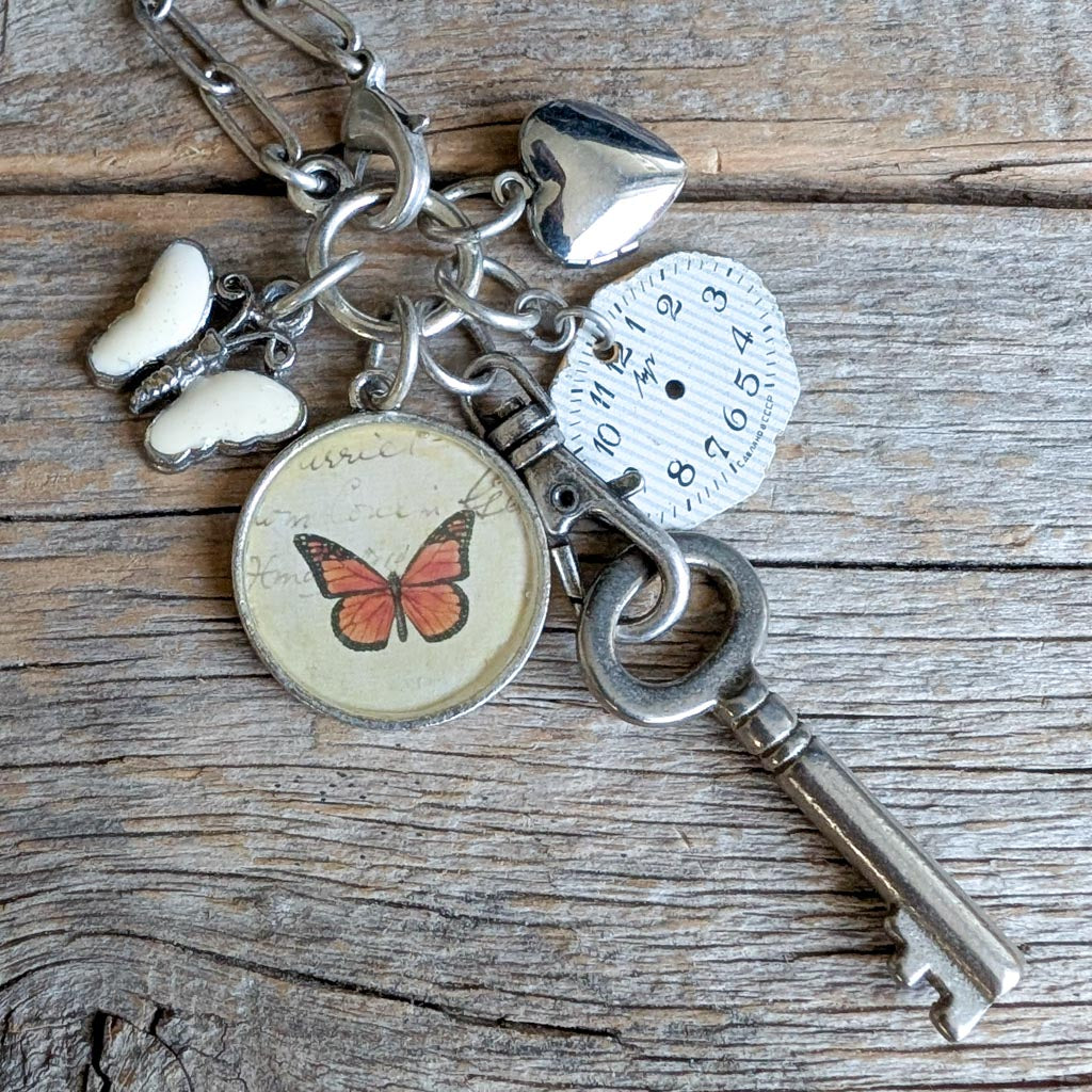 Butterfly Kisses Necklace - Vintage Butterfly Image + Charms