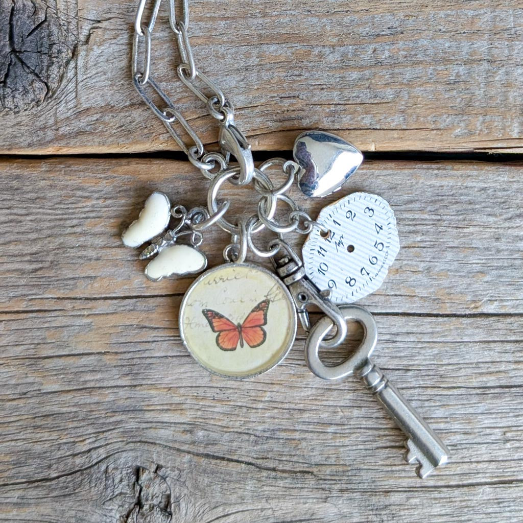 Butterfly Kisses Necklace - Vintage Butterfly Image + Charms