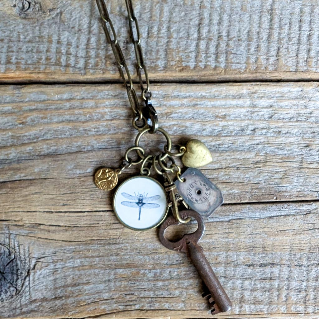 Dragonfly Guide Necklace - Vintage Dragonfly Image + Charms