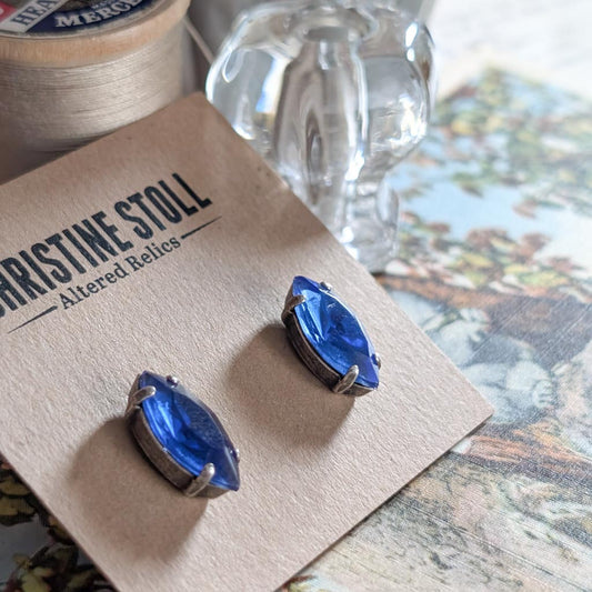 Vintage Glass Post Earrings - Sapphire Blue Navette