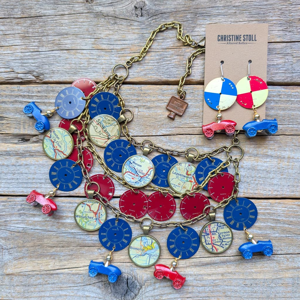 Colorful necklace with vintage map charms, vintage watch dials, vintage car game pieces