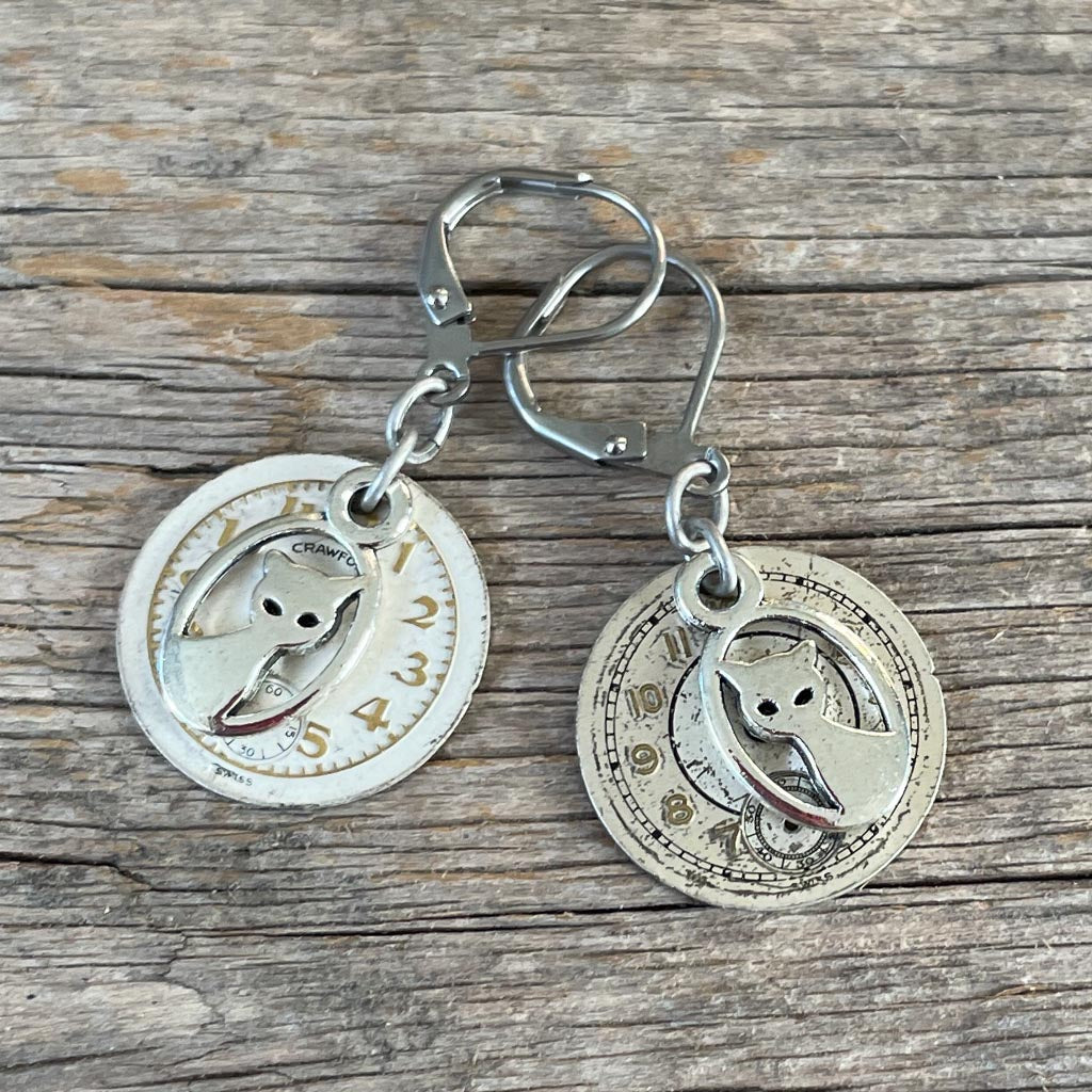 Vintage Watch Dial Earrings - Silver Cats