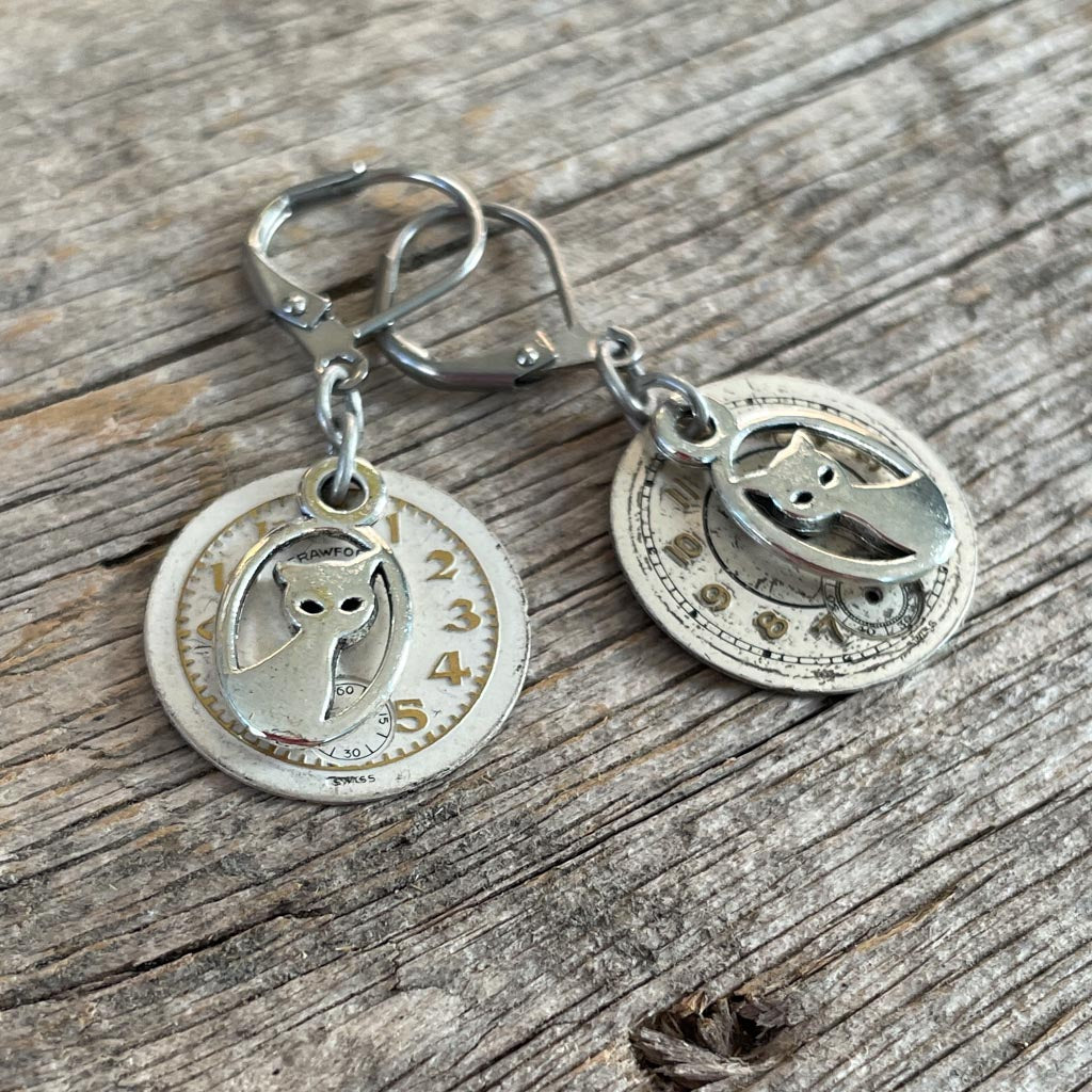 Vintage Watch Dial Earrings - Silver Cats