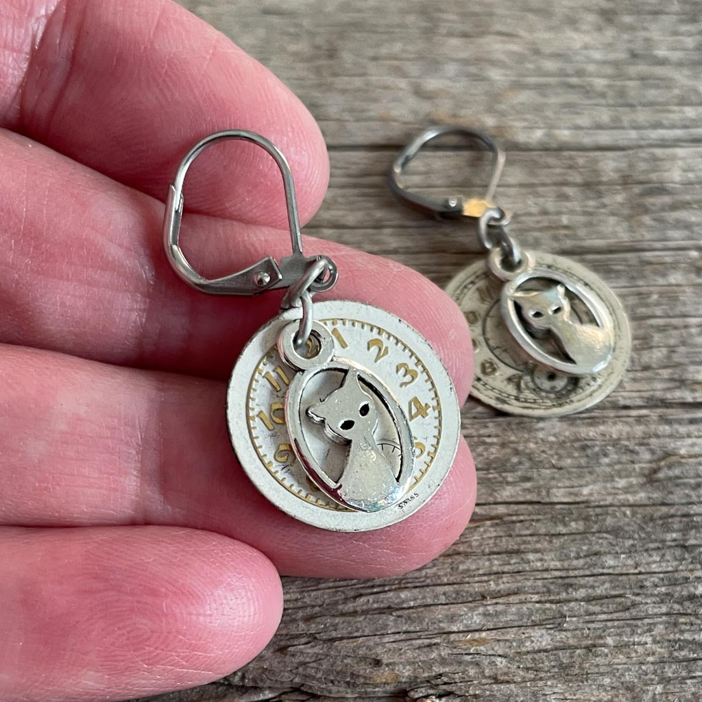 Vintage Watch Dial Earrings - Silver Cats
