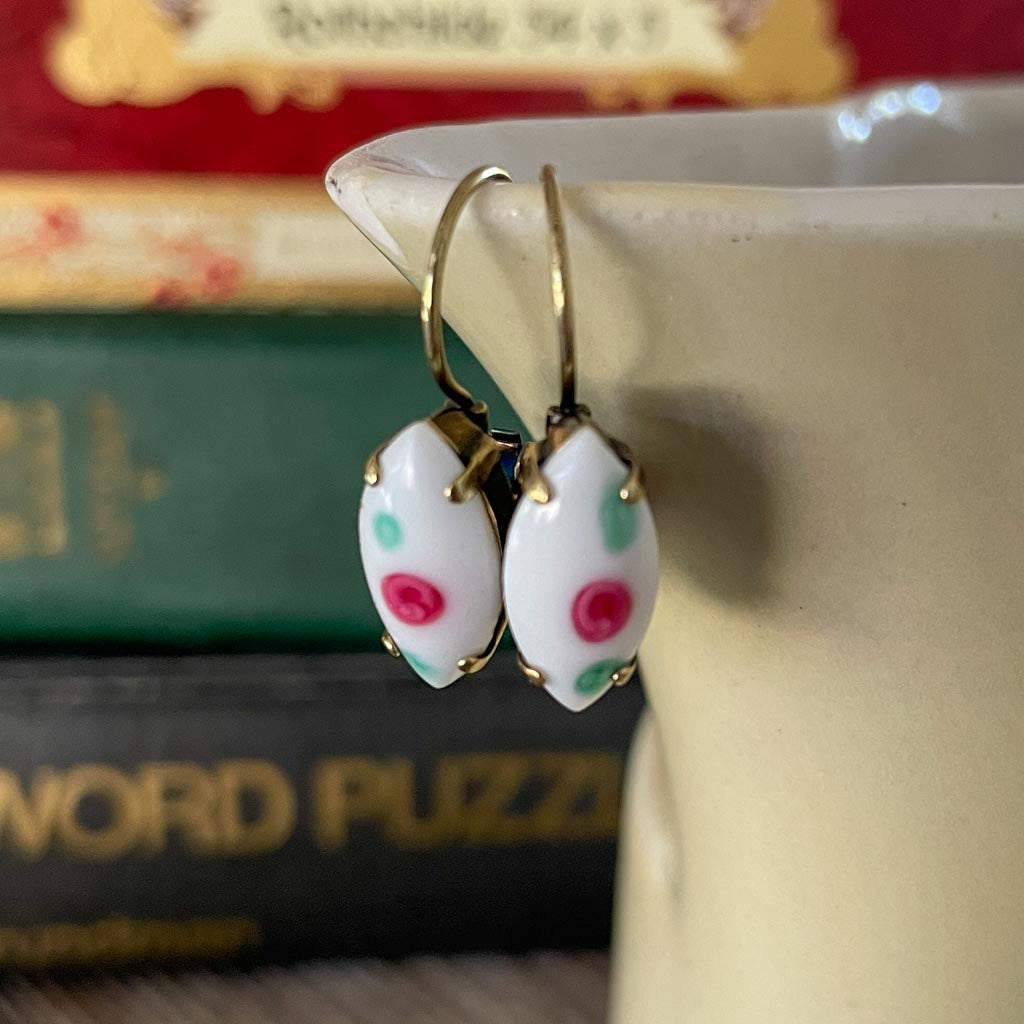 Vintage Glass Earrings - Floral Painted Leverback