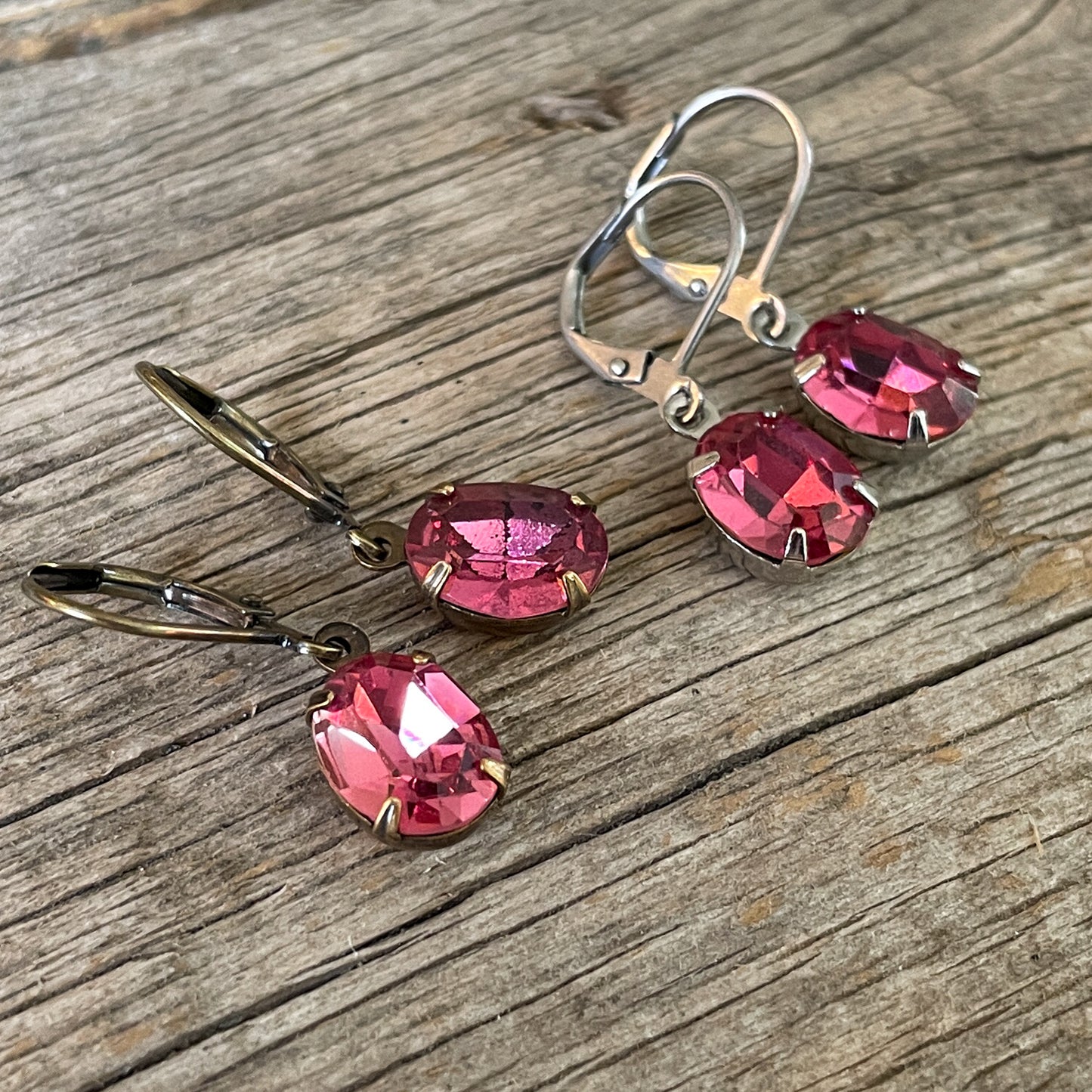 Dark Rose Pink Vintage Rhinestone Earrings
