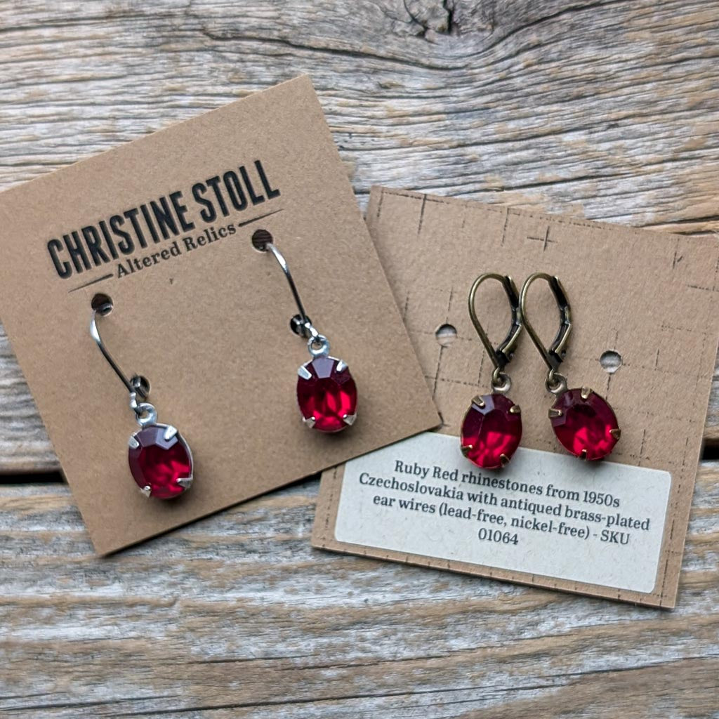 Ruby Red Vintage Oval Rhinestone Earrings