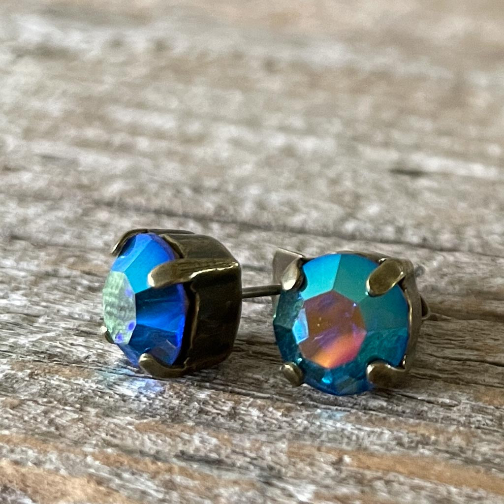 Sapphire Blue AB Vintage Rhinestone Post Earrings (Large)