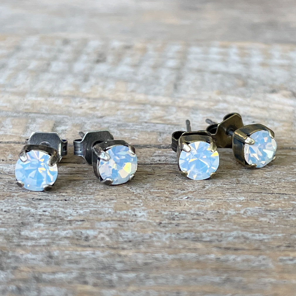 White Opal Vintage Rhinestone Post Earrings