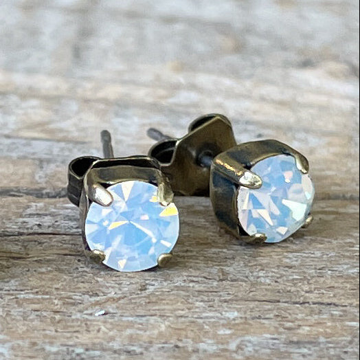 White Opal Vintage Rhinestone Post Earrings