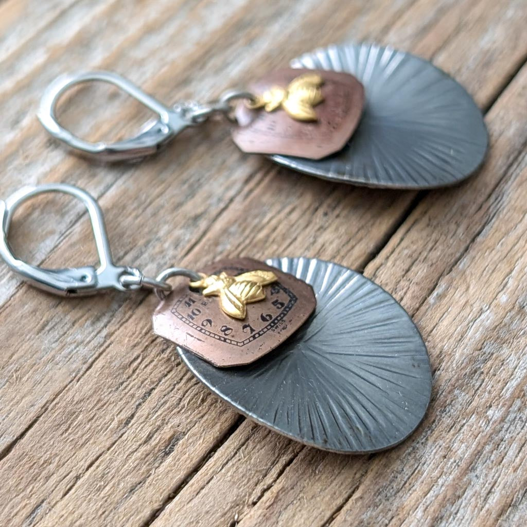 Vintage Watch Dial Earrings - Bees Waste No Time