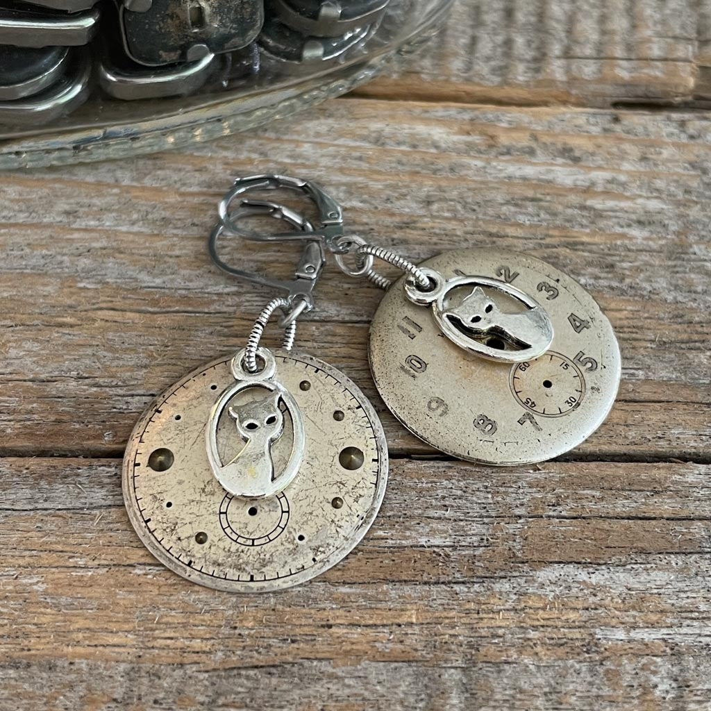 Vintage Watch Dial Earrings - Silver Cats