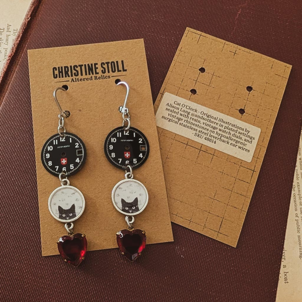 Cat O'Clock Vintage Watch Dial and Rhinestone Earrings