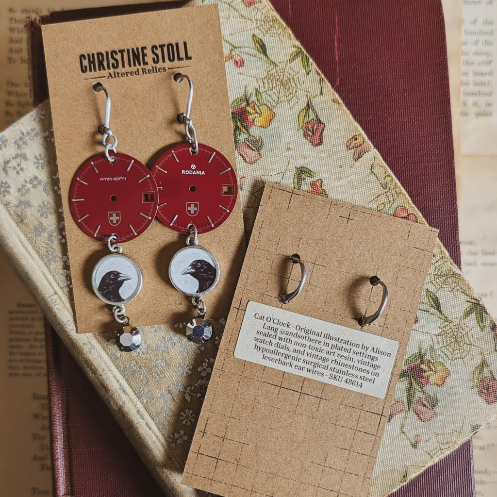 Crow O'Clock Earrings - Peeking Crow Assemblage
