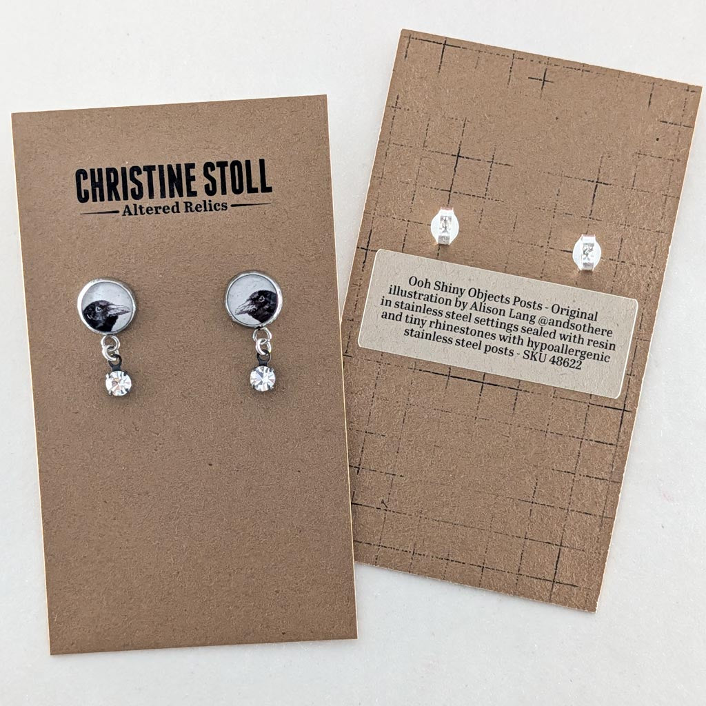 Crow Post Earrings - Ooh Shiny Objects Peeking Crow