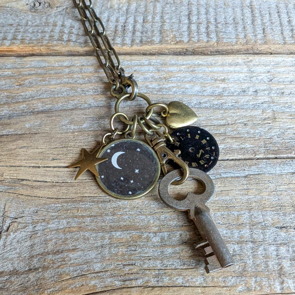 Wish I May, Wish I Might Necklace - Vintage Celestial Image + Charms