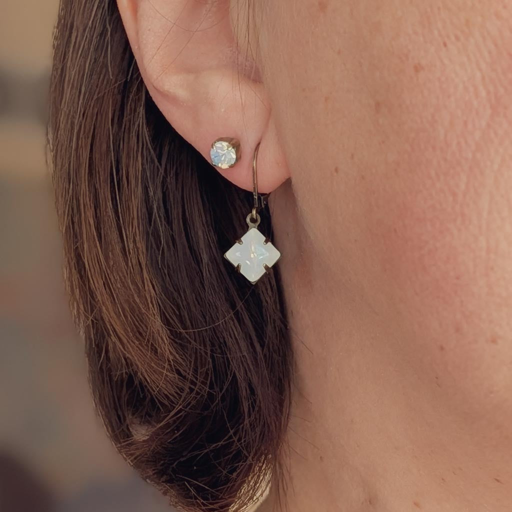 White Opal Vintage Rhinestone Post Earrings