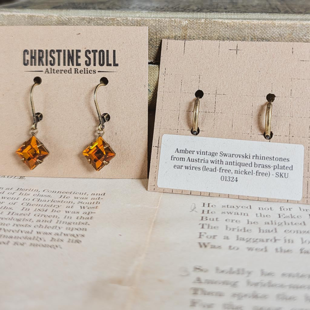 Orange Amber "Diamond" Vintage Rhinestone Earrings