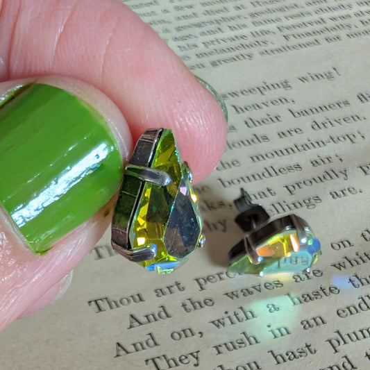 Peridot AB Vintage Teardrop Rhinestone Post Earrings *SALE*