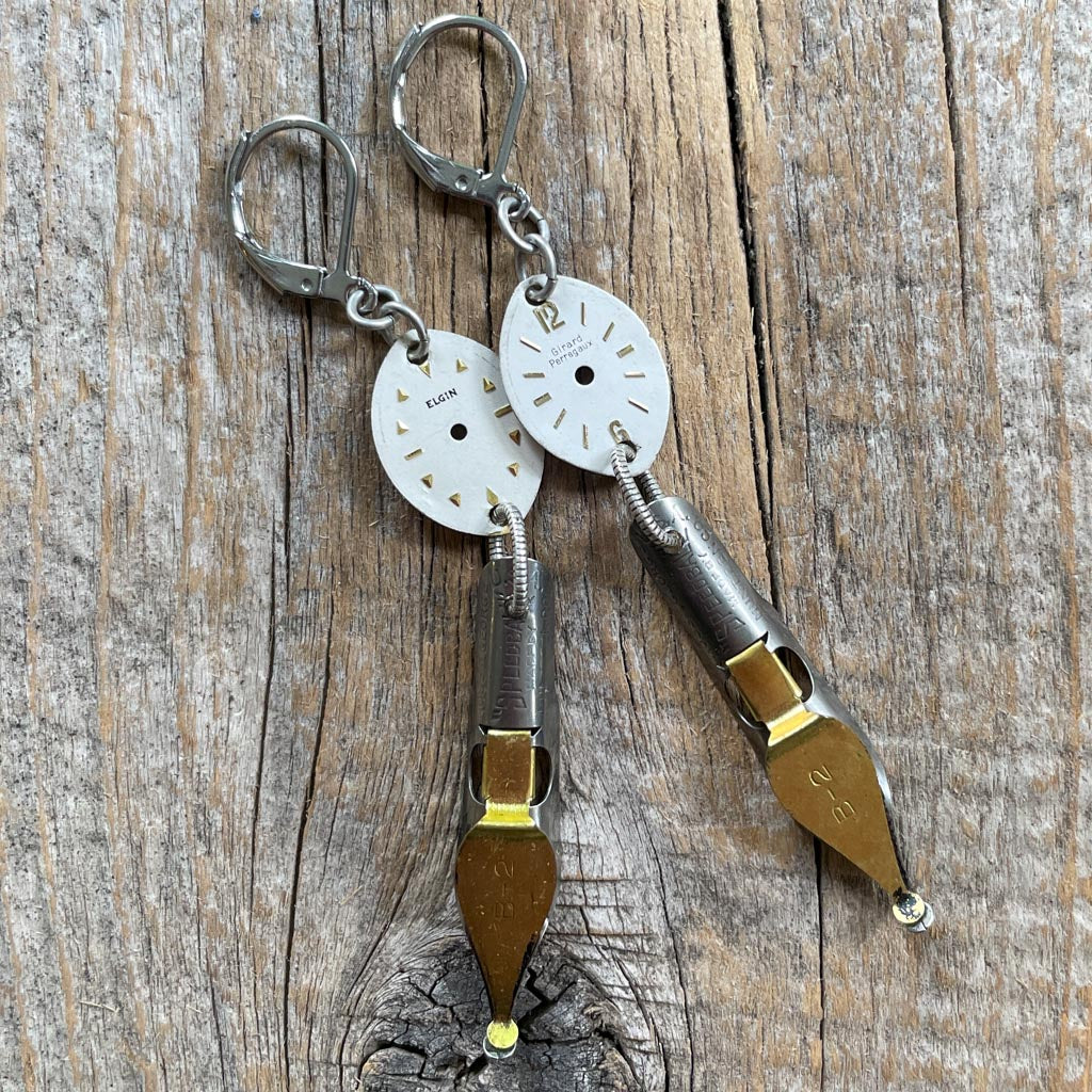 Vintage Watch Dial Earrings - Pen Nibs