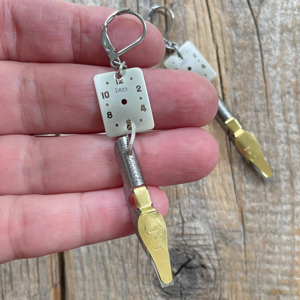 Vintage Watch Dial Earrings - Pen Nibs