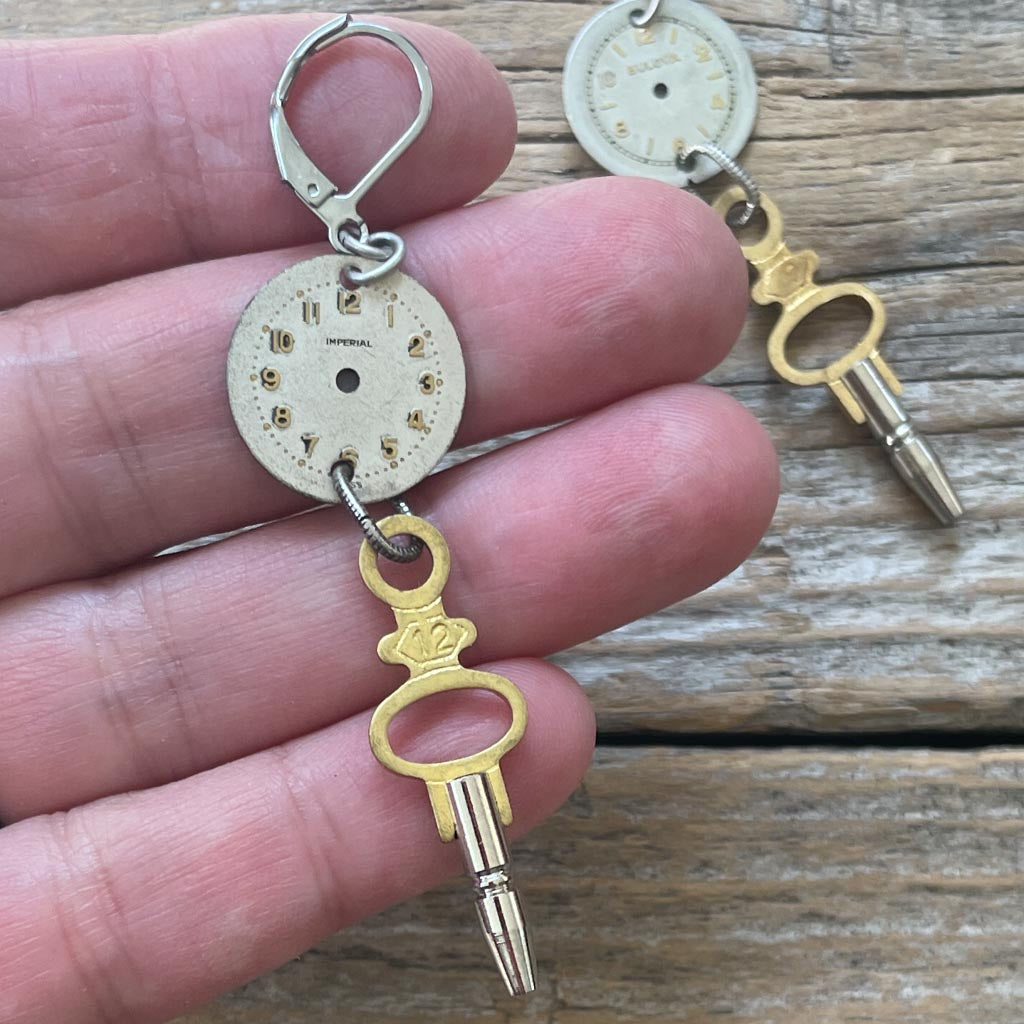Perfect Time Earrings - Vintage Watch Dials + Pocket Watch Keys