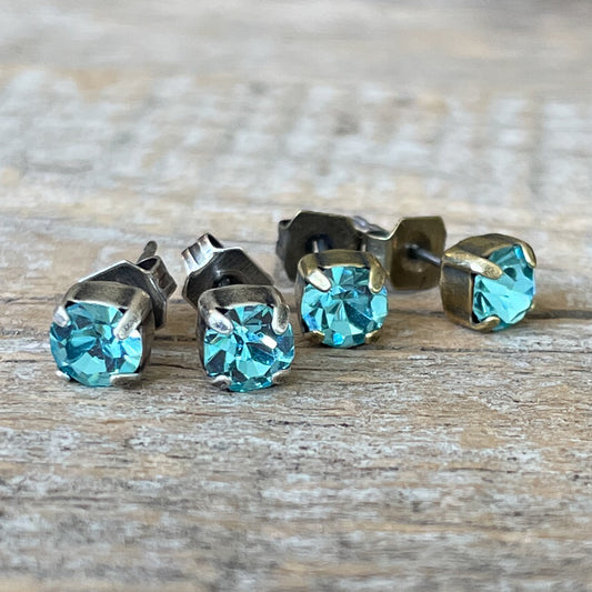 Aquamarine Blue Vintage Rhinestone Post Earrings (Small)