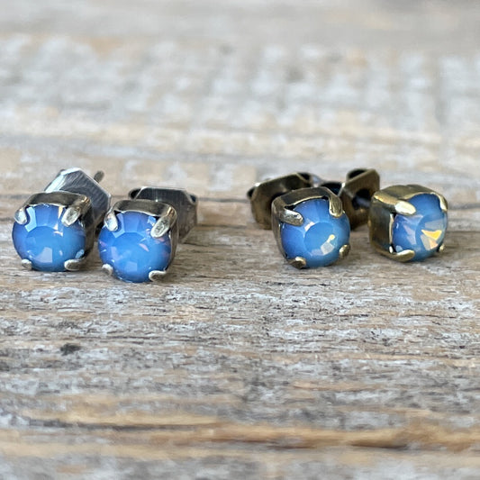 Opal Starshine Blue Vintage Rhinestone Post Earrings (Small)