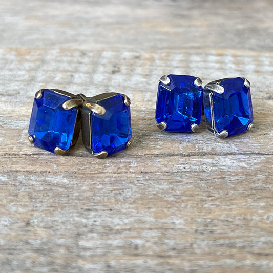 Vintage Glass Post Earrings - Sapphire Blue