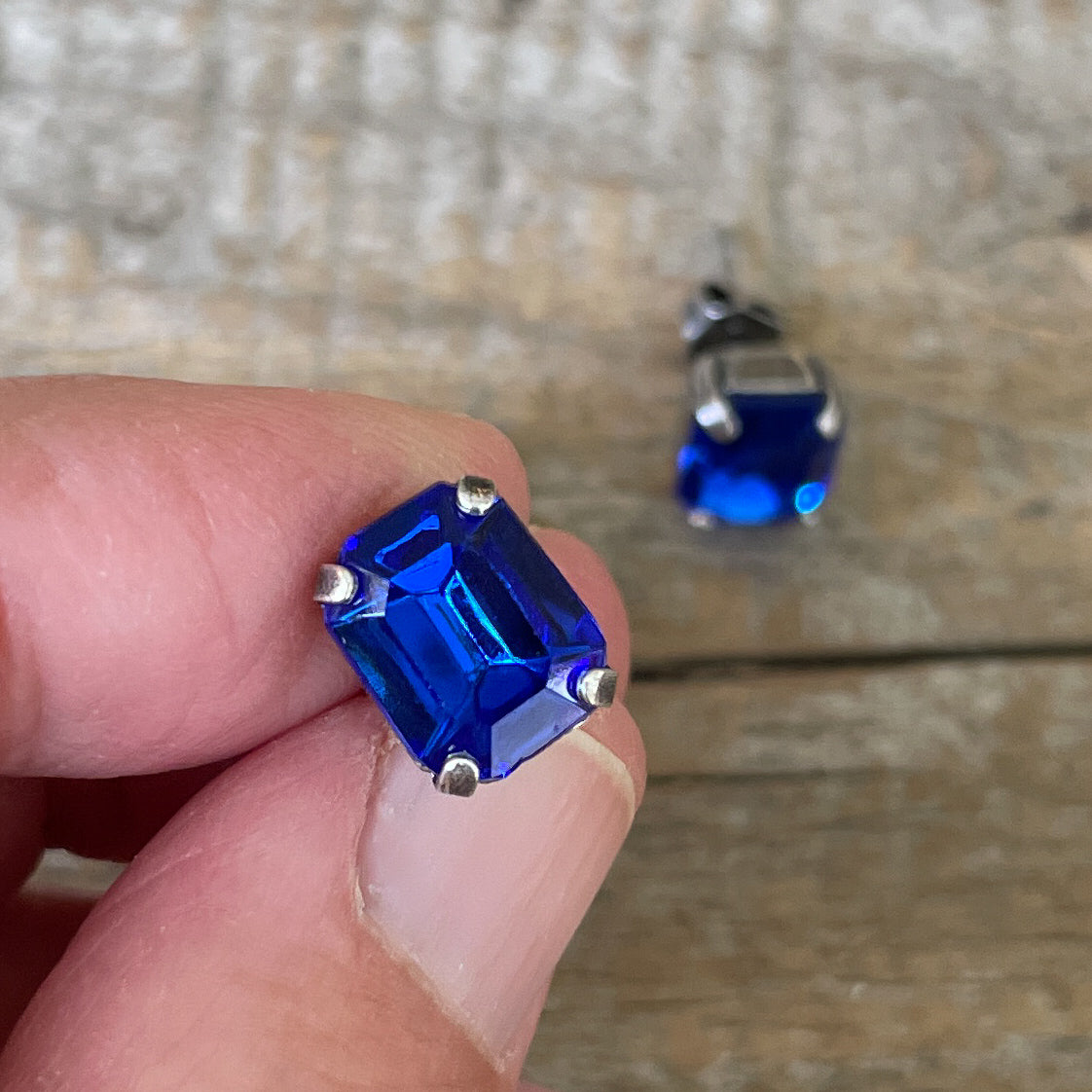 Vintage Glass Post Earrings - Sapphire Blue