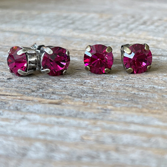 Fuchsia Pink Vintage Rhinestone Post Earrings (Large)