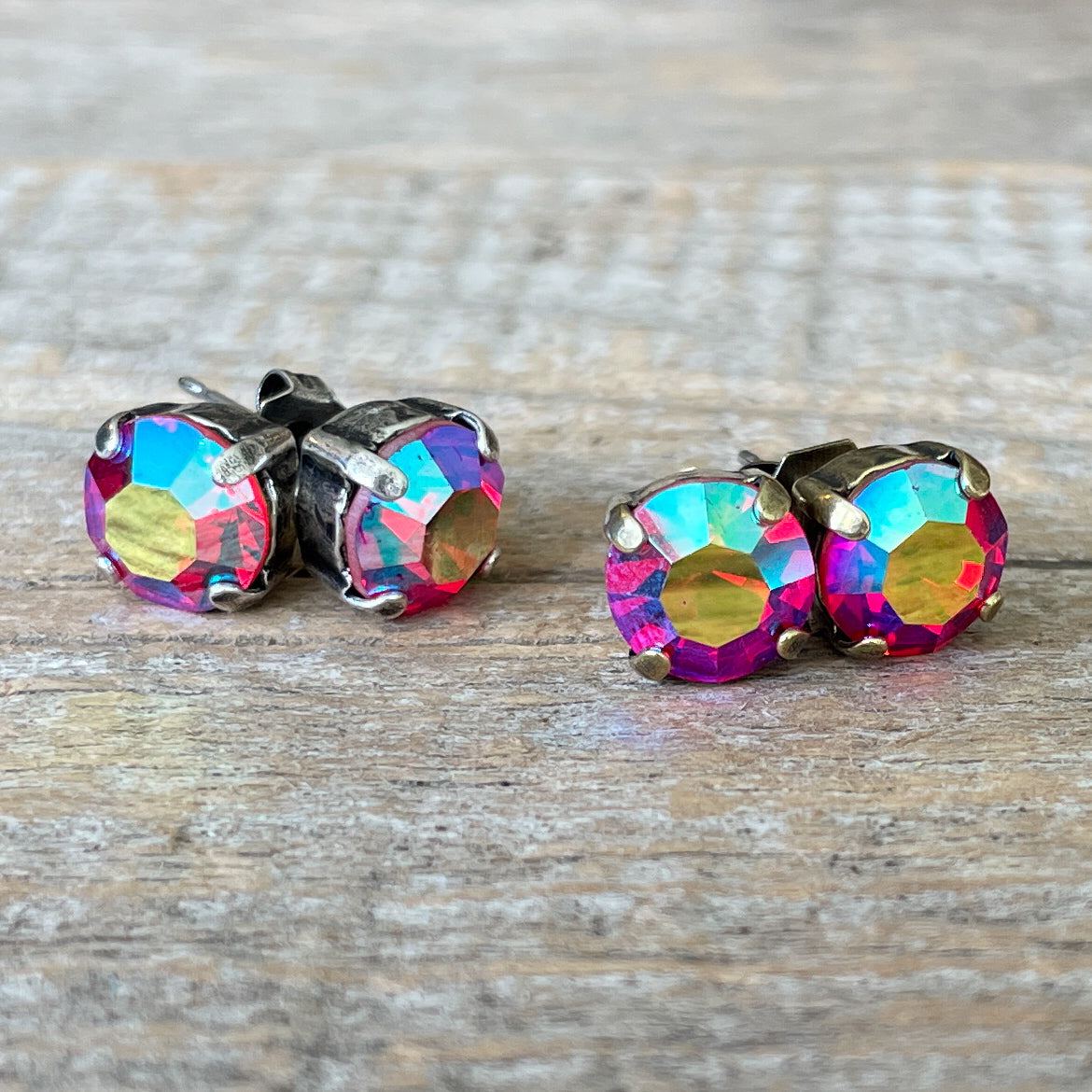 Vintage Rhinestone Post Earrings - Rose Aurora Borealis
