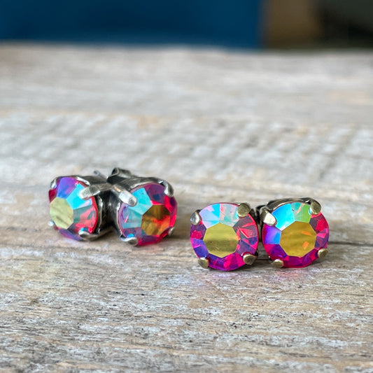 Vintage Rhinestone Post Earrings - Rose Aurora Borealis