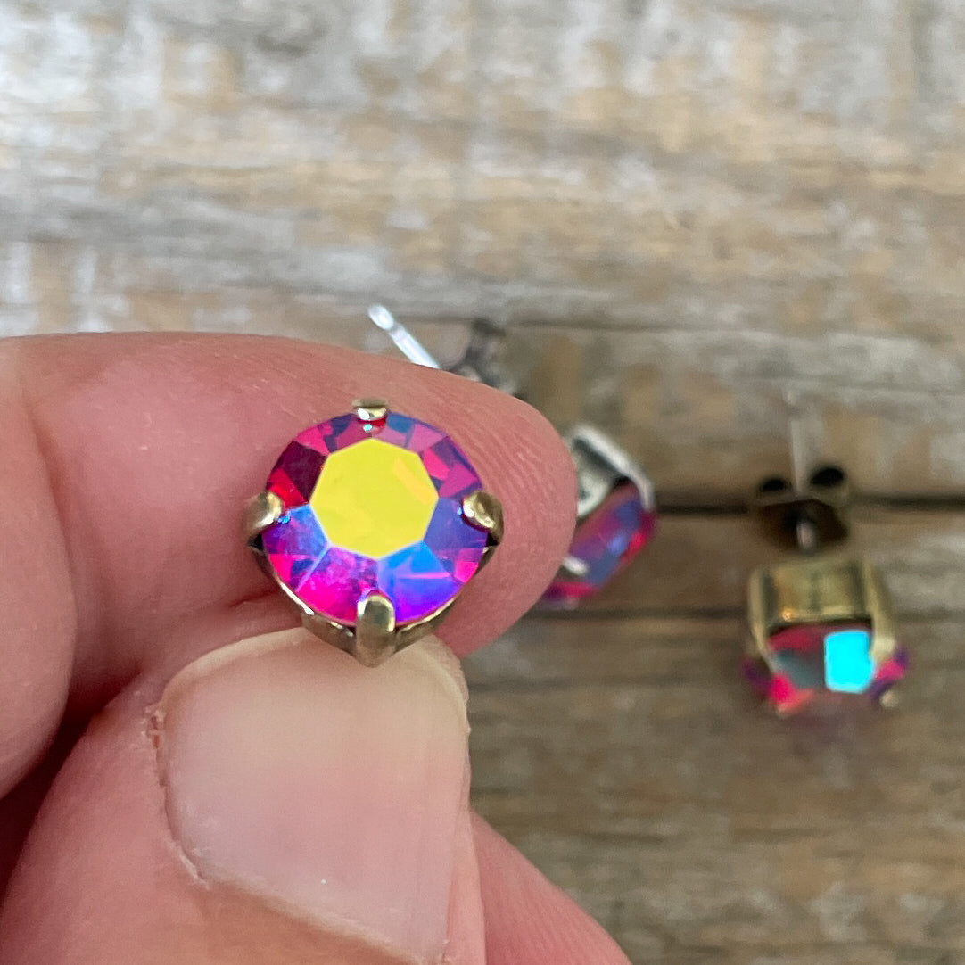 Vintage Rhinestone Post Earrings - Rose Aurora Borealis