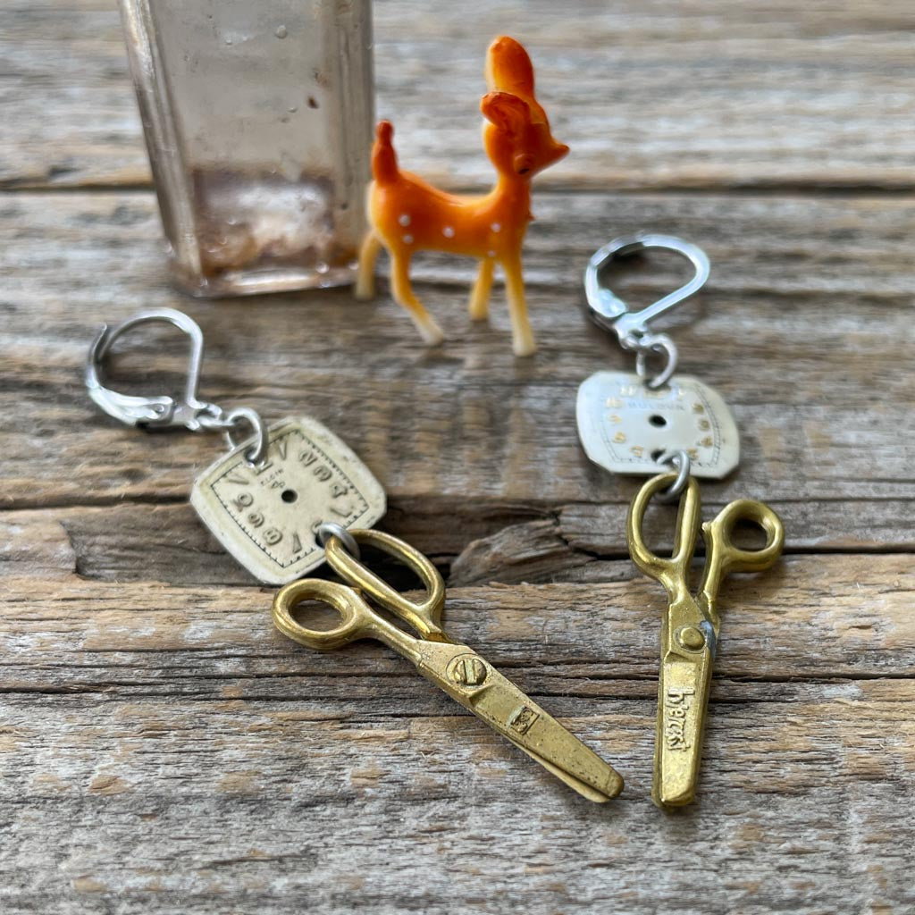 Moveable Scissors Vintage Watch Dial Earrings