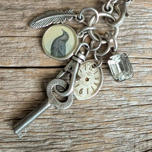 Watch Over Necklace - Vintage Crow Image + Charms
