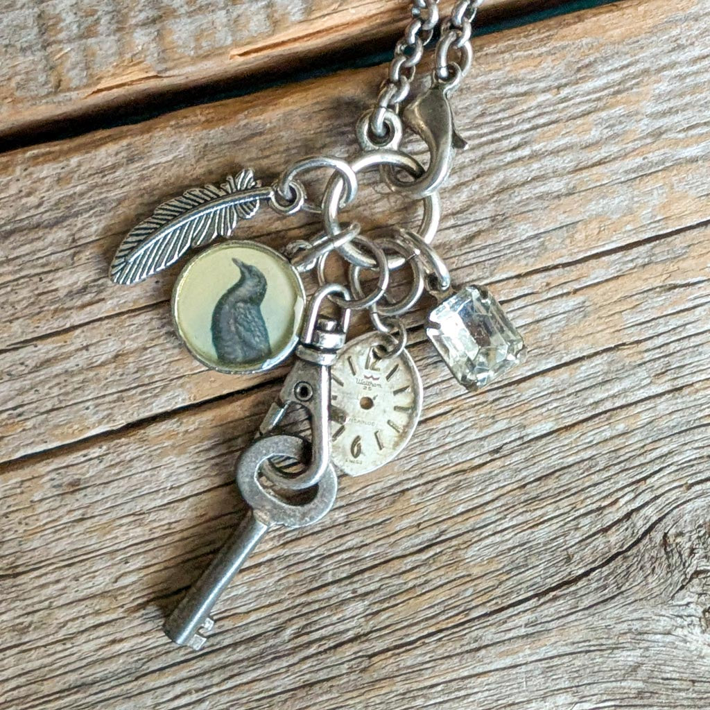 Watch Over Necklace - Vintage Crow Image + Charms
