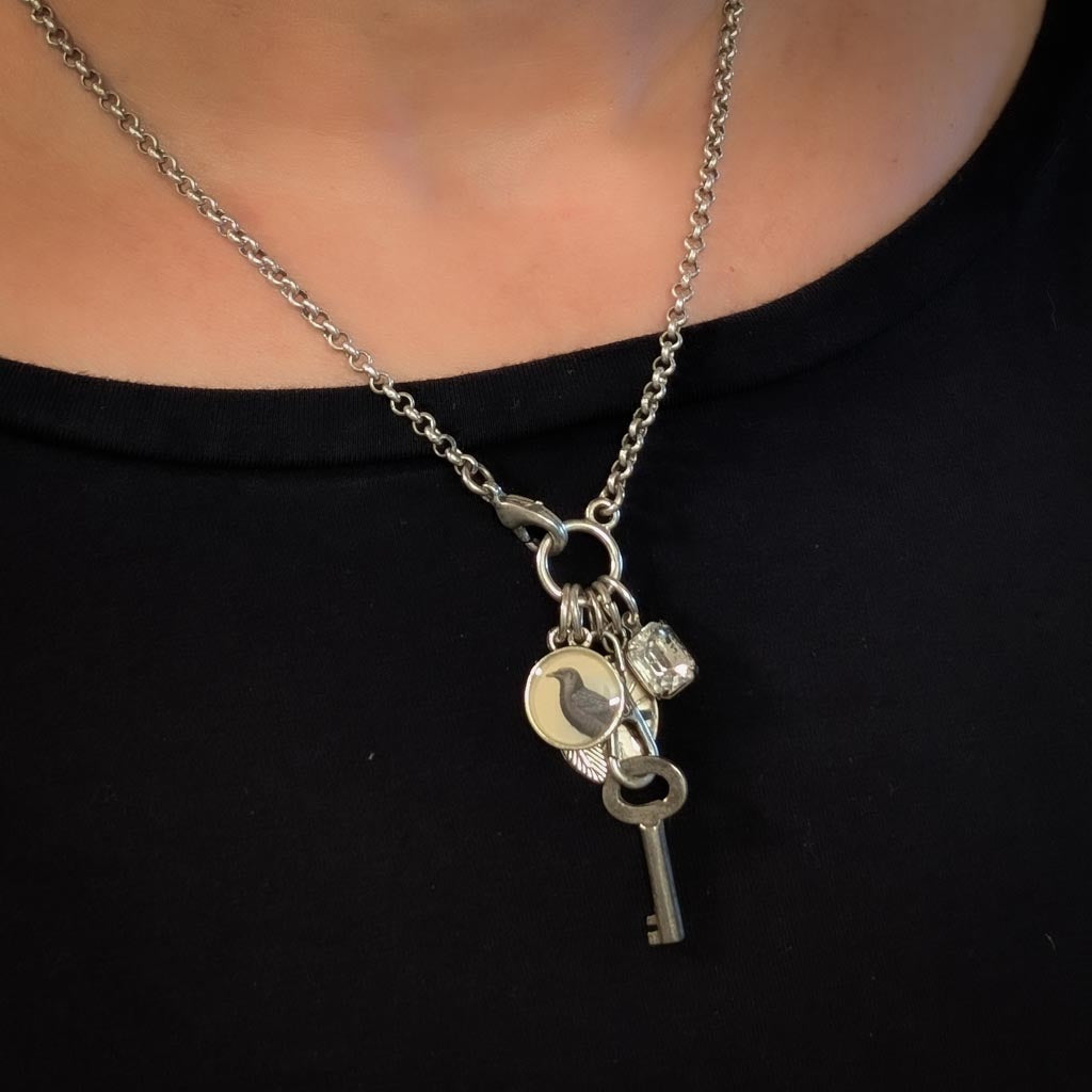 As the Crow Flies Necklace - Vintage Feather Image + Charms