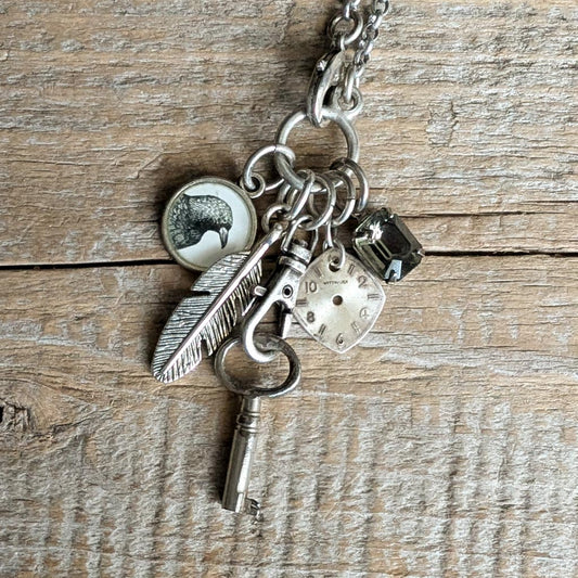 Corvid Collector Necklace - Vintage Feather Image + Charms