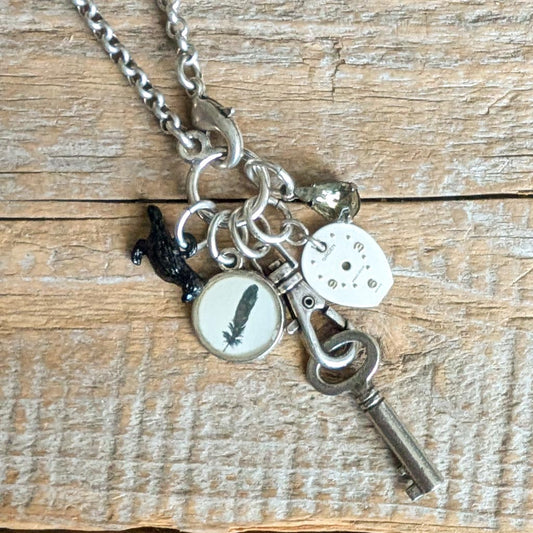 As the Crow Flies Necklace - Vintage Feather Image + Charms