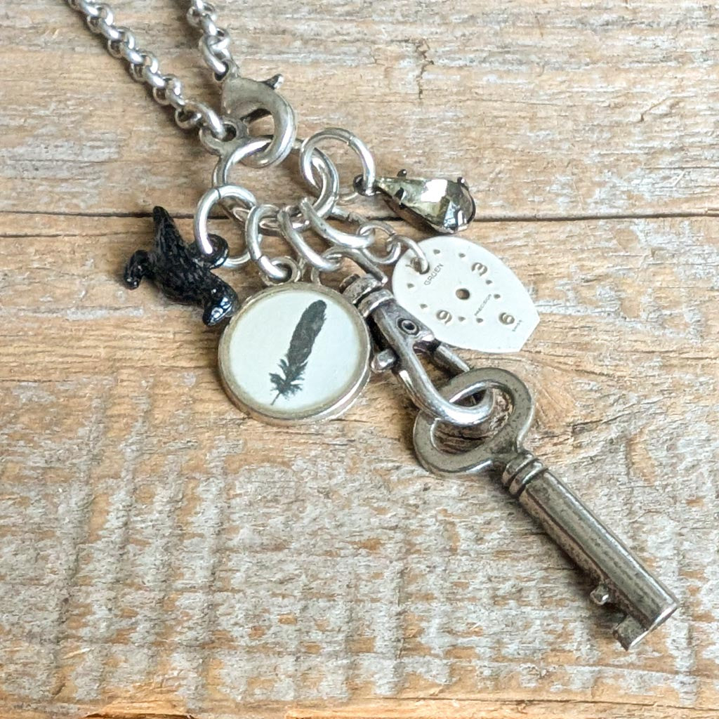 As the Crow Flies Necklace - Vintage Feather Image + Charms