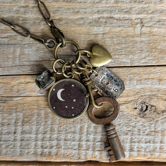 Night Sparkles Necklace - Vintage Moon and Stars Image + Charms