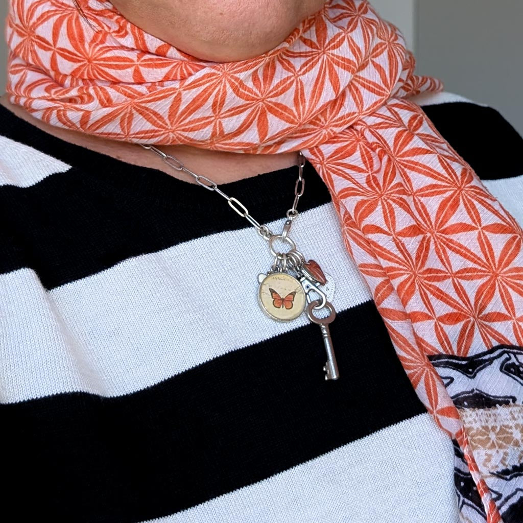 Protection Necklace - Vintage Black Feather Image + Charms