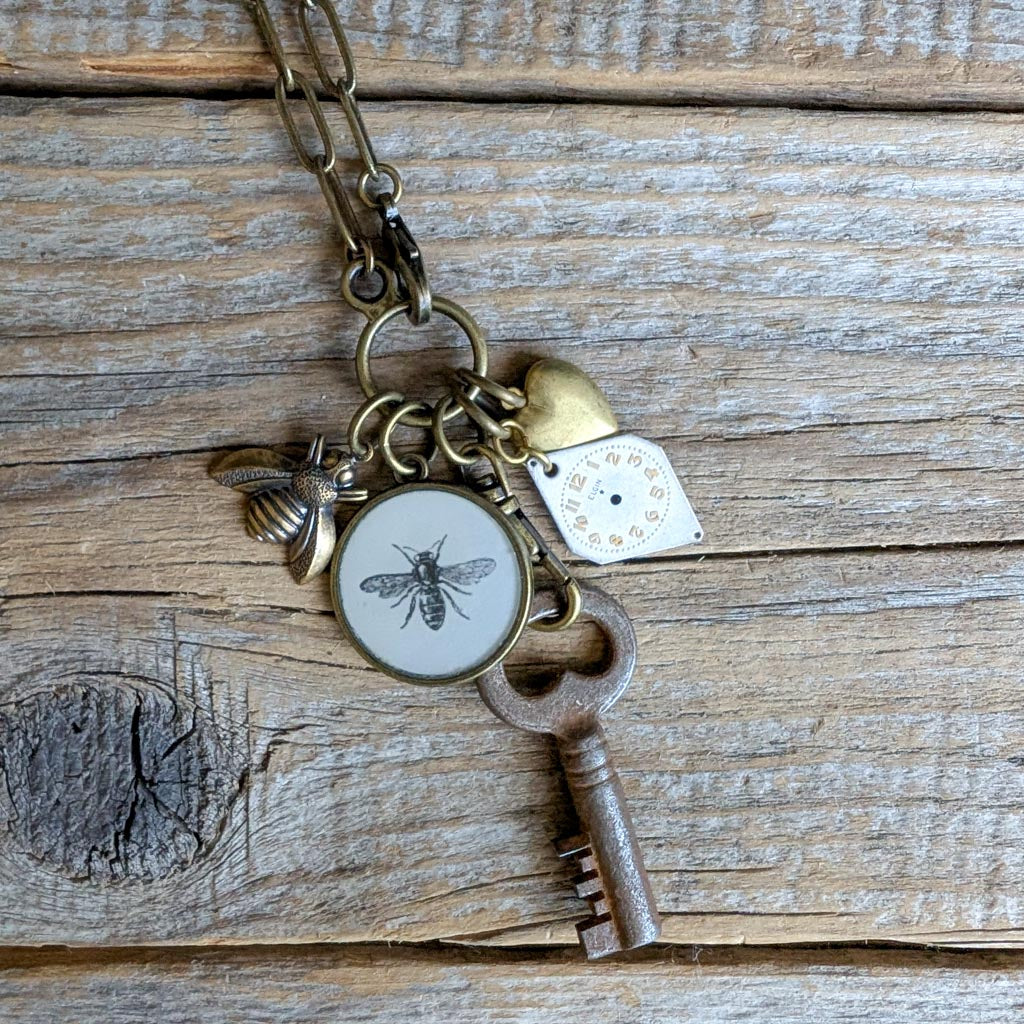 Humble Bumble Necklace - Vintage Bee Image + Charms